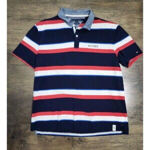 Tommy Hilfiger Men's Custom Fit White Red Blue Stripe Polo Shirt XL Cotton